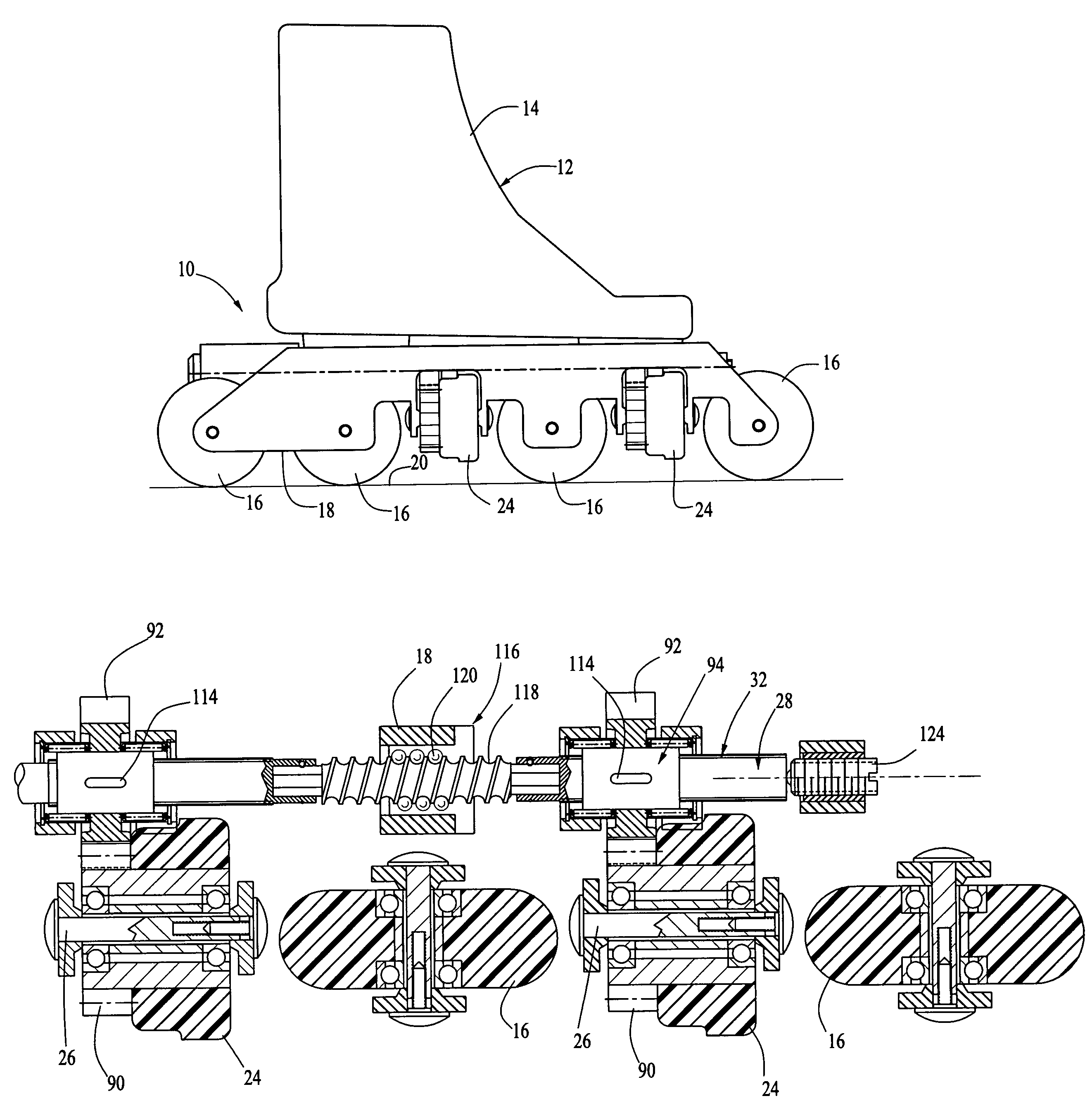 In-line roller skate braking mechanism