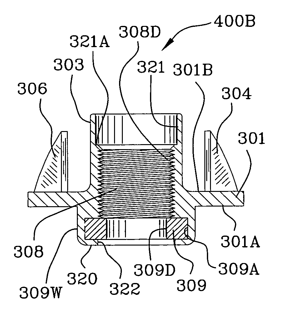 Hopper fed tee-nut having counterbore with nylon lock