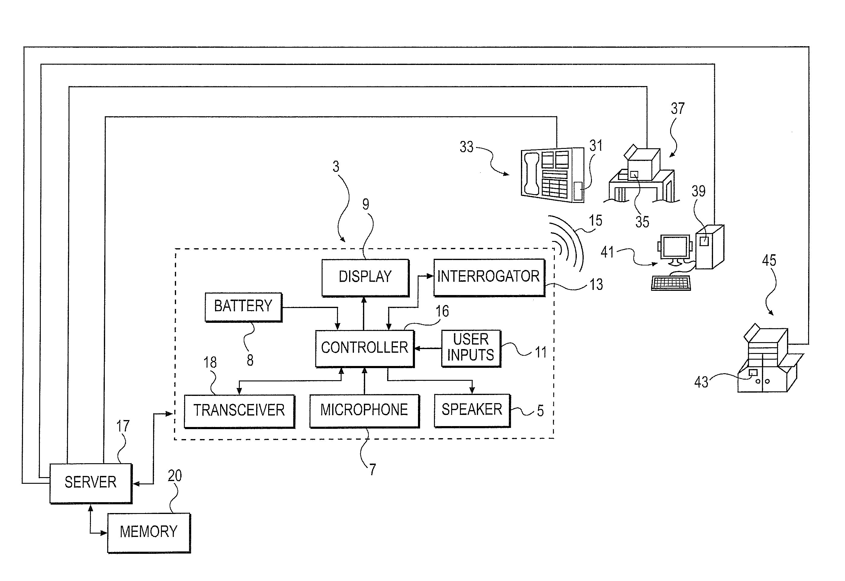 Mobile communication device with interrogator to interact with tags