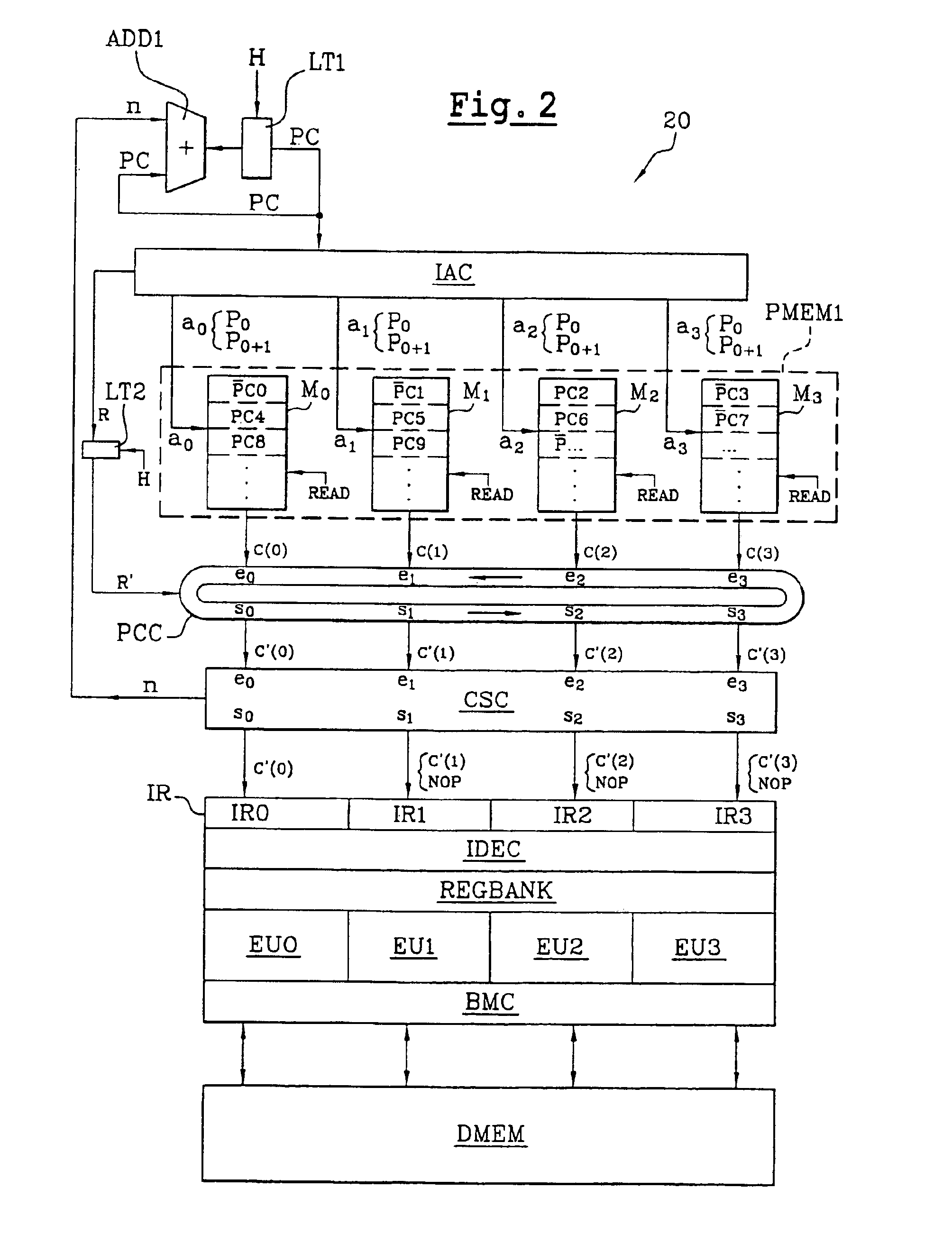 Signal processor executing variable size instructions using parallel memory banks that do not include any no-operation type codes, and corresponding method