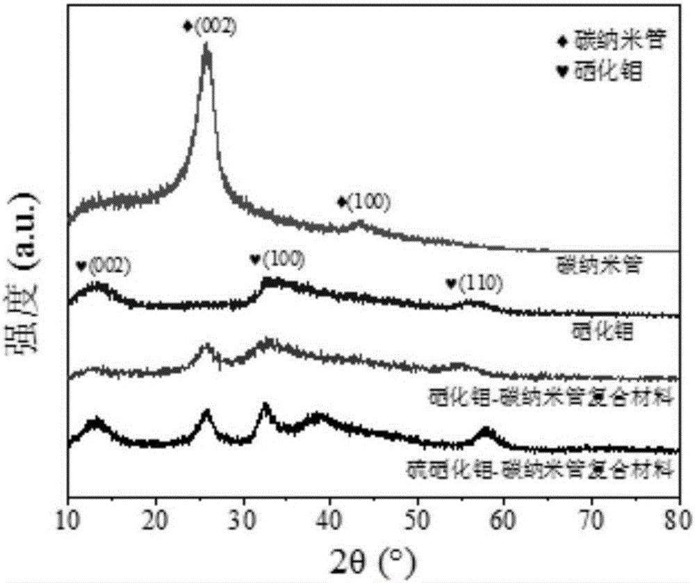 Molybdenum selenide sulfide/carbon nanotube composite material, preparation and application thereof