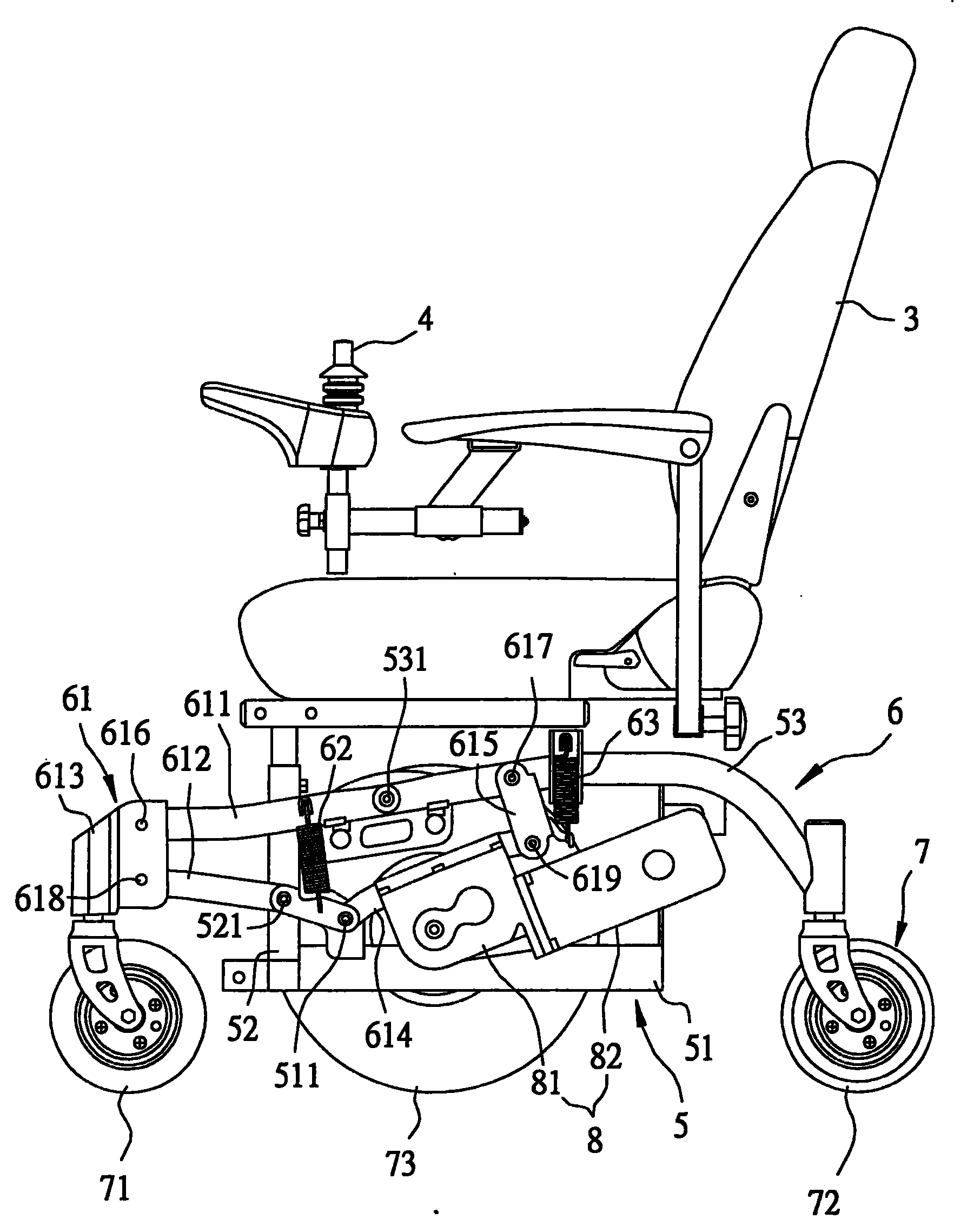 Chassis device for electric wheelchair