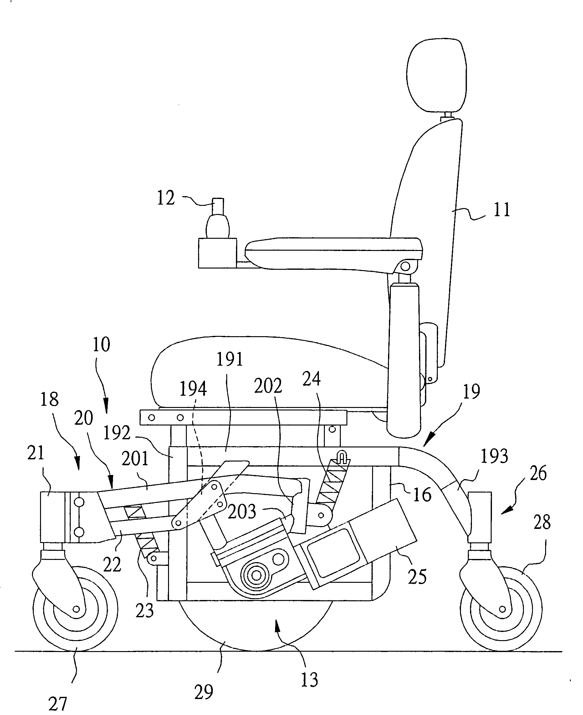 Chassis device for electric wheelchair