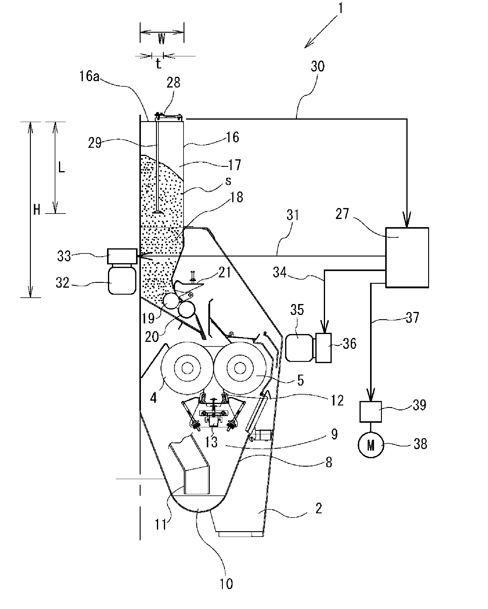 Stock level detector for roll machine for milling