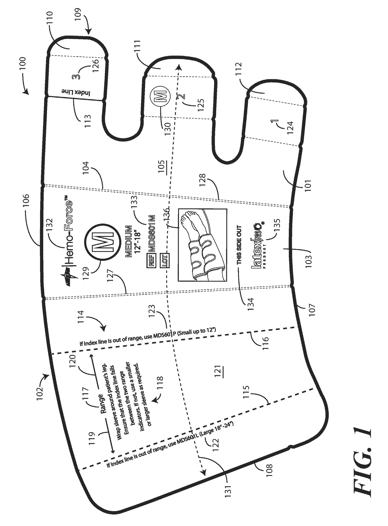 Compression device with sizing indicia