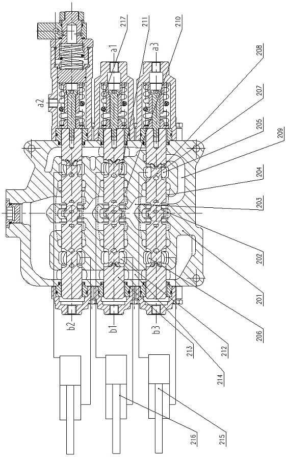 Composite linkage multi-way valve of open center system and hydraulic control method