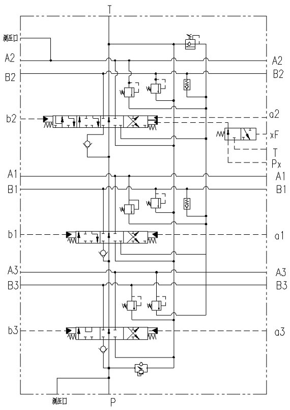 Composite linkage multi-way valve of open center system and hydraulic control method