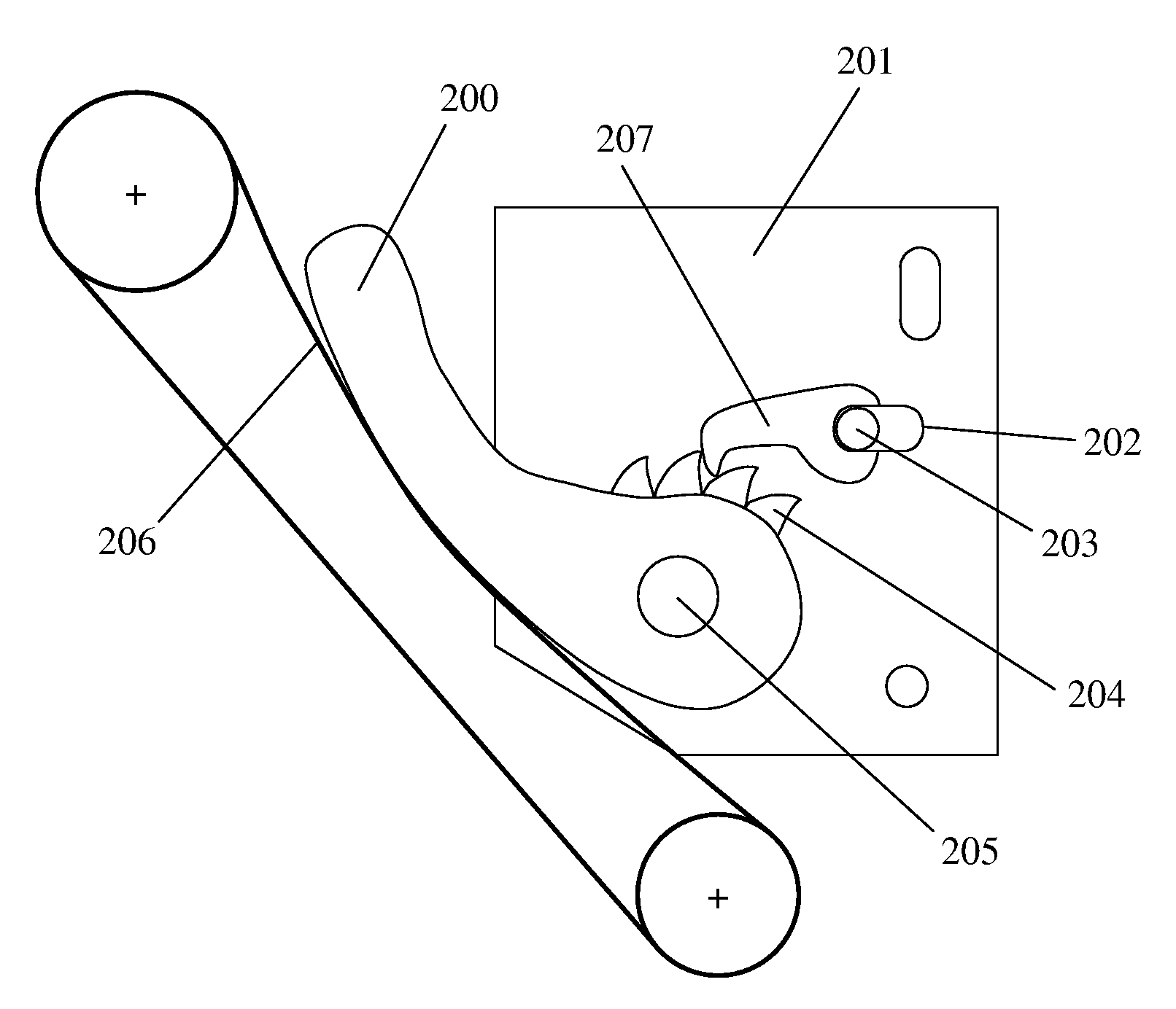 Pivot arm tensioner with sliding ratchet mechanism