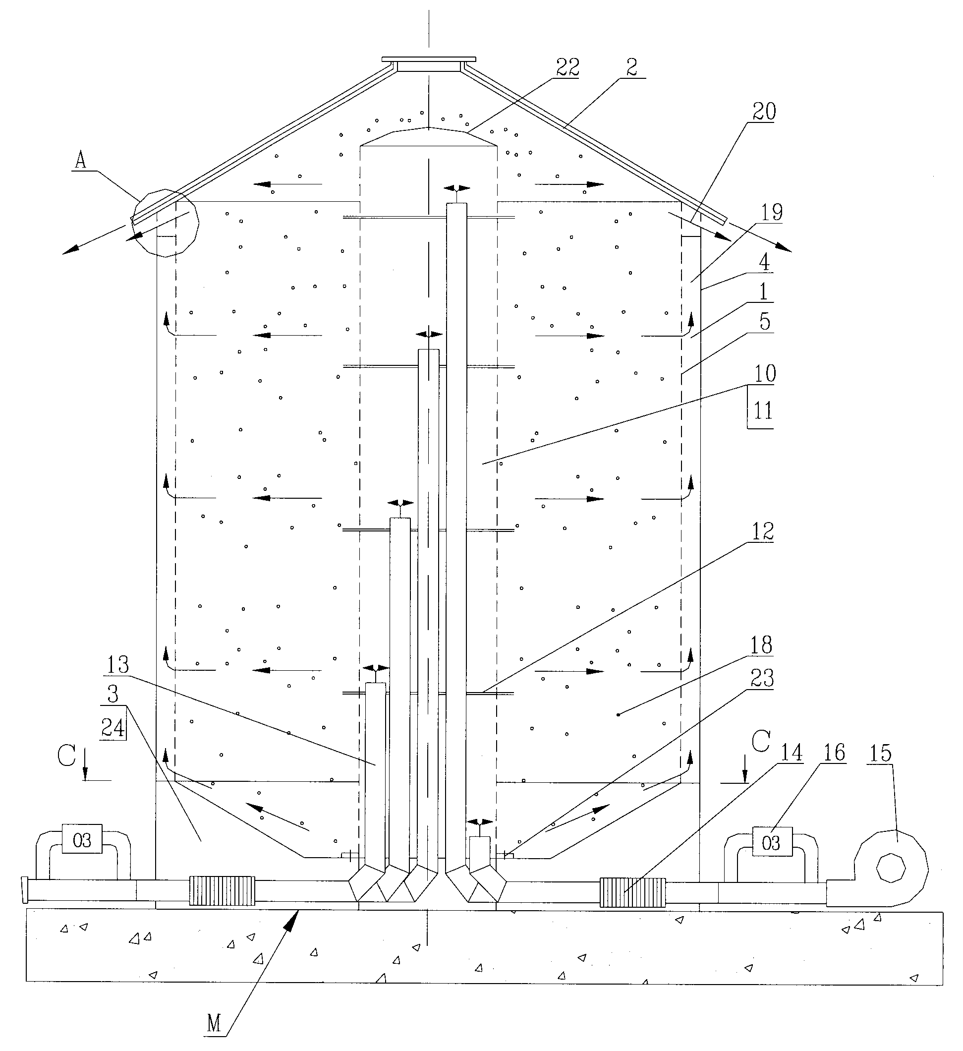 Method of Aeration Disinfecting and Drying Grain in Bulk and Pretreating Seeds and a Transverse Blow Silo Grain Dryer Therefor