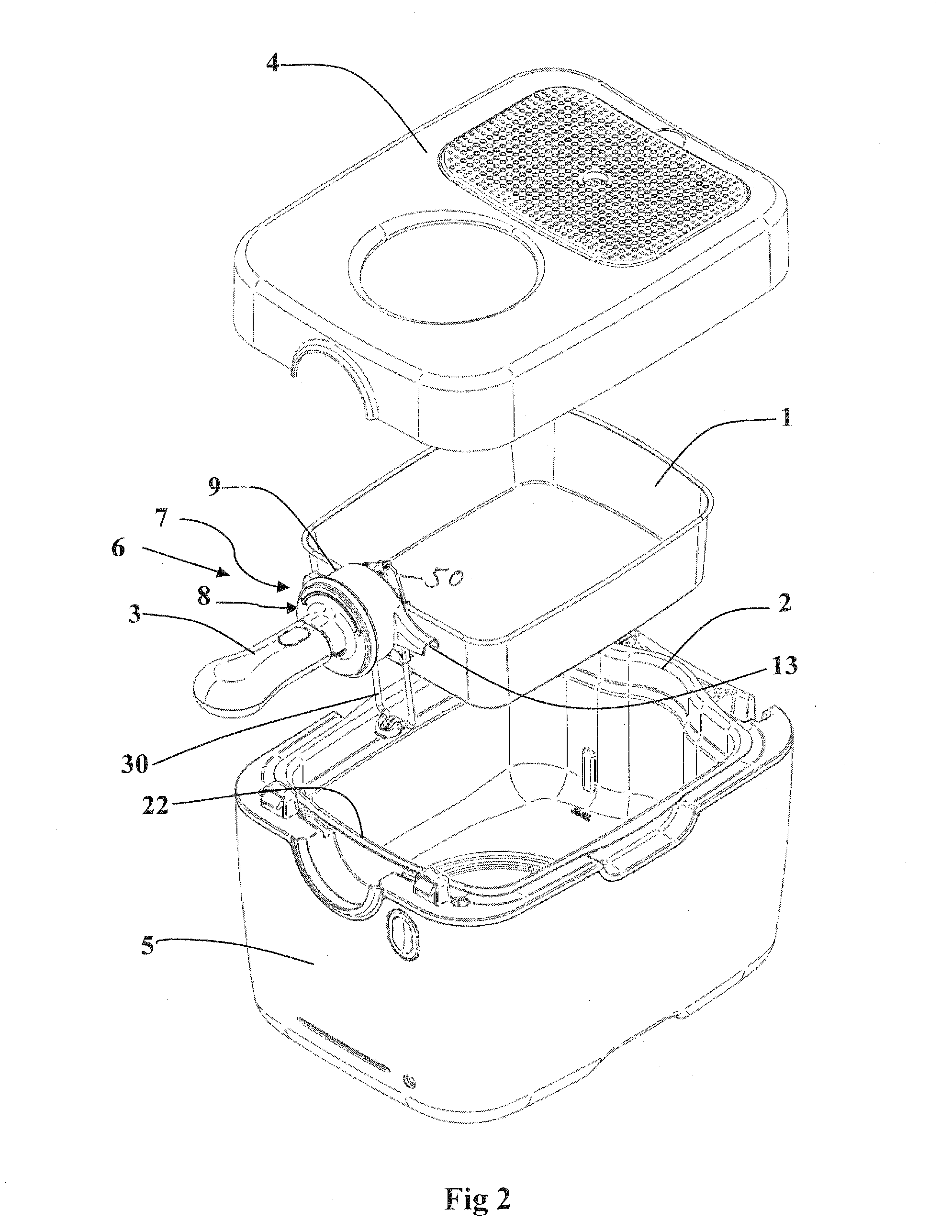 Cooking appliance and pivotal device for raising and lowering a basket for draining cooked food