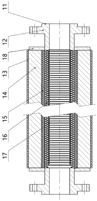 Flexible piping device for mixing and heating gas jets in hypersonic wind tunnels