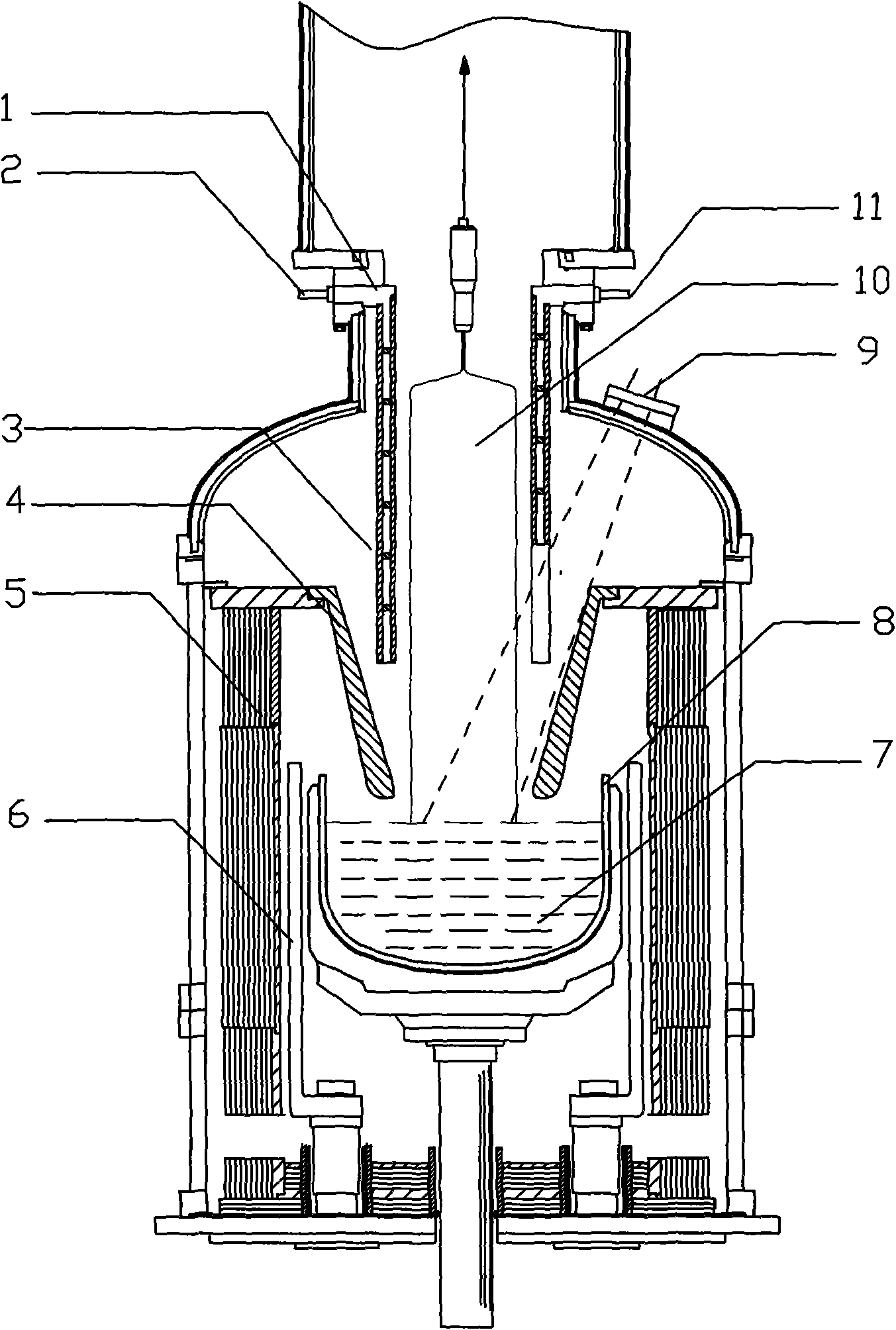 Vertical pulling silicon single crystal growing furnace with water-cooling jacket