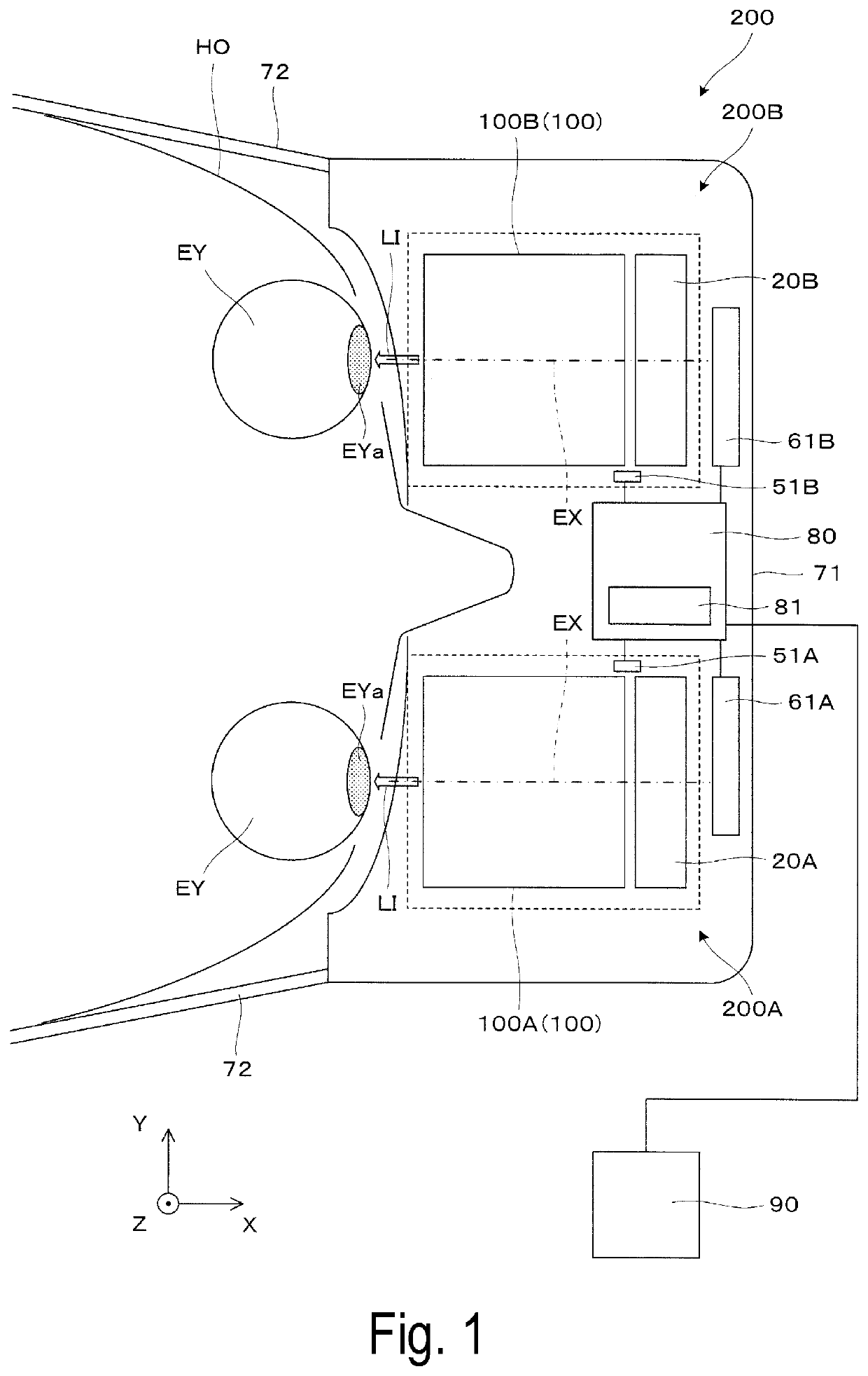 Image display device having ocular optical system causing images to overlap in a blending area