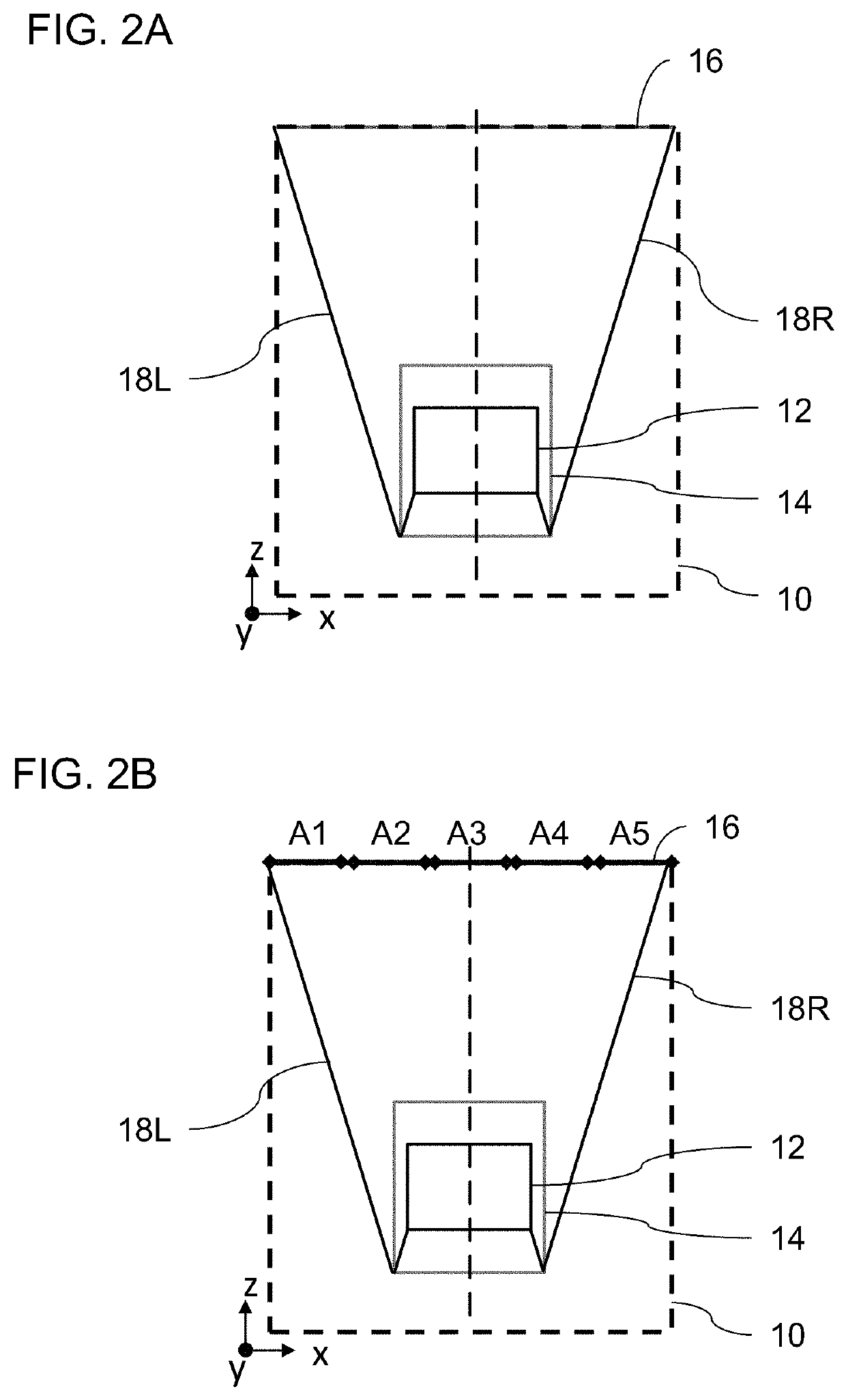 Projector configuration with subdivided optical aperture for near-eye displays, and corresponding optical systems