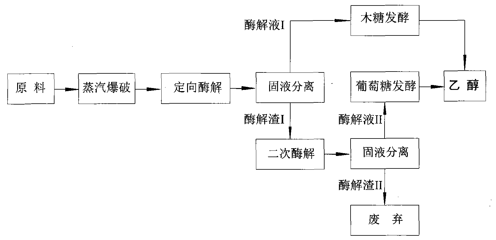 Method for performing steam explosion of wood fiber raw material, directional enzymatic dissociation and alcoholic fermentation