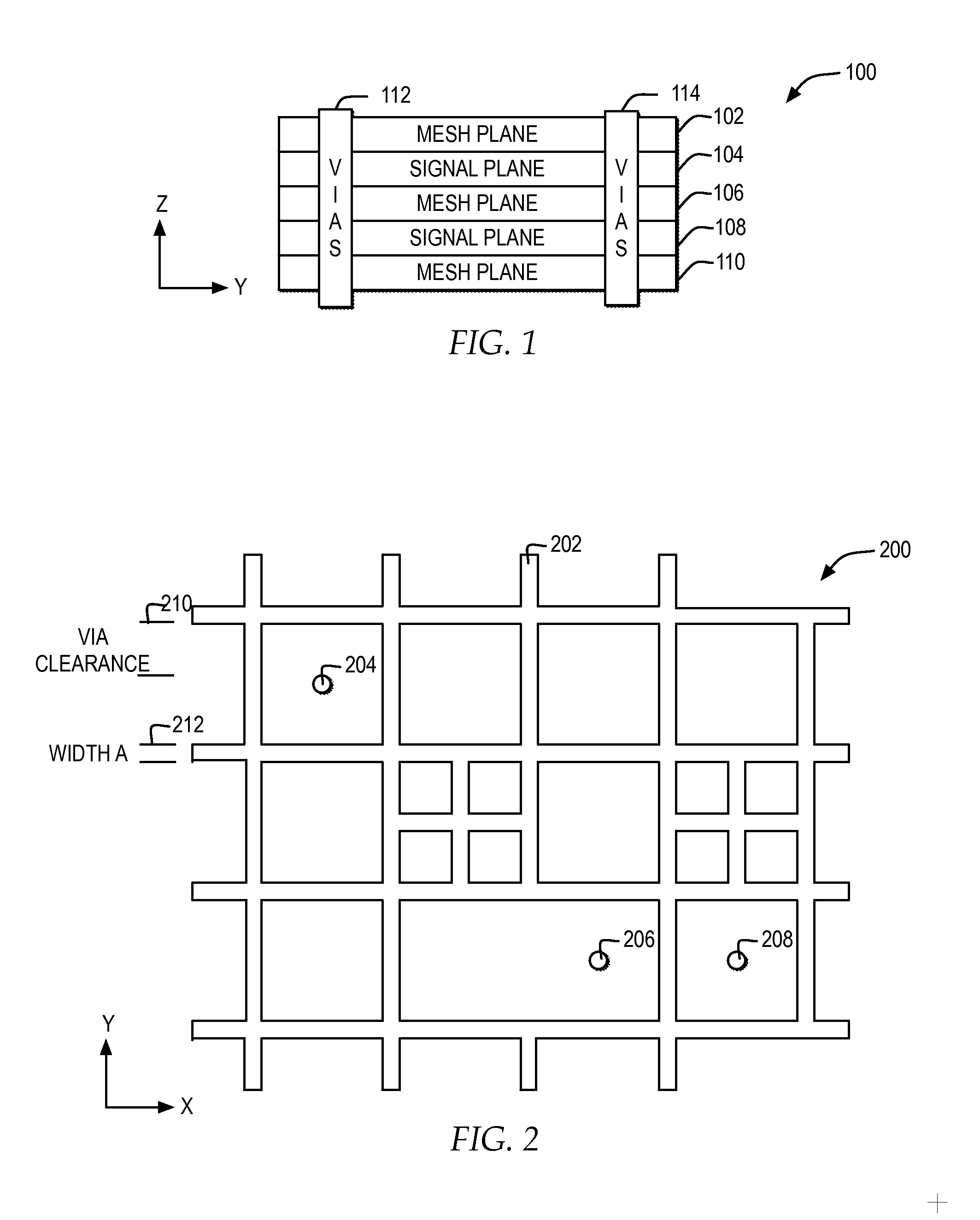 Crosstalk reduction between signal layers in a multilayered package by variable-width mesh plane structures