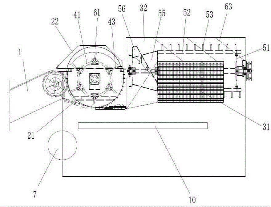 A threshing structure of an L-shaped horizontal and vertical axial flow full-feed combine harvester