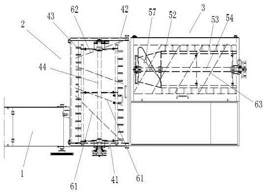 A threshing structure of an L-shaped horizontal and vertical axial flow full-feed combine harvester