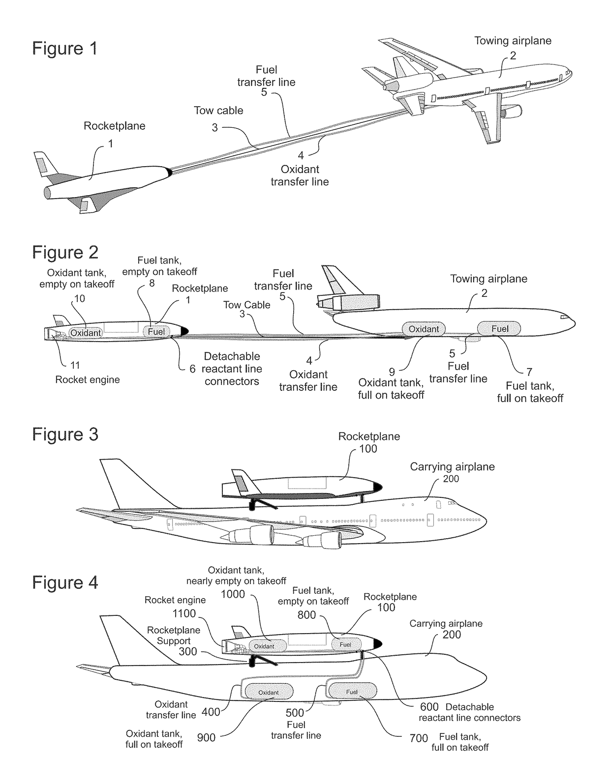 In-flight transfer of reactant from a towing or carrying airplane to an attached rocket or rocketplane