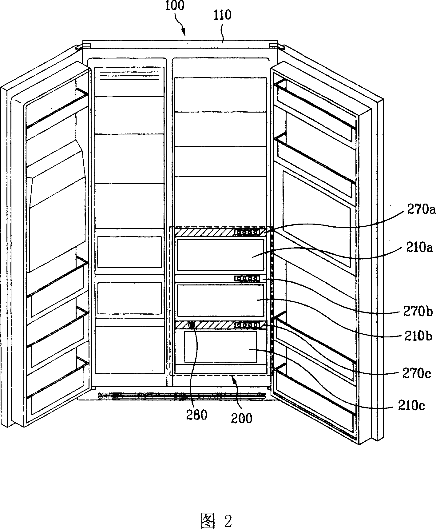 Foodstuff preserving container, refrigerator with the same and foodstuff preserving method