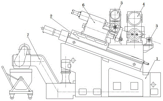 Compound machine tool for milling end face and boring center hole in oblique guide rail