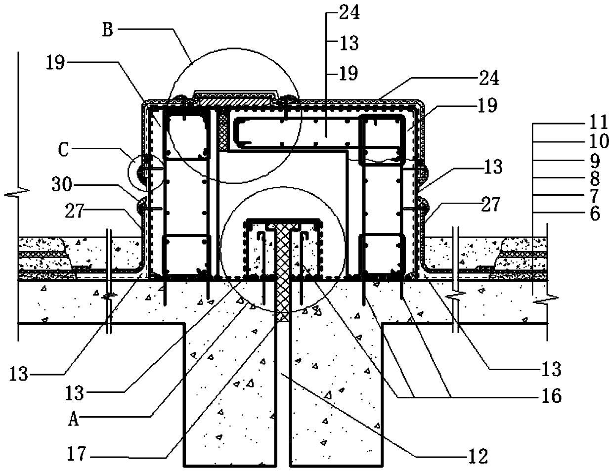 Fixation and encapsulation construction method and structure of water roof splicing seam with cantilever structure