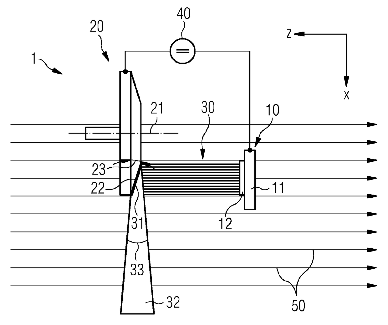 Apparatus for generating x-ray radiation in an external magnetic field