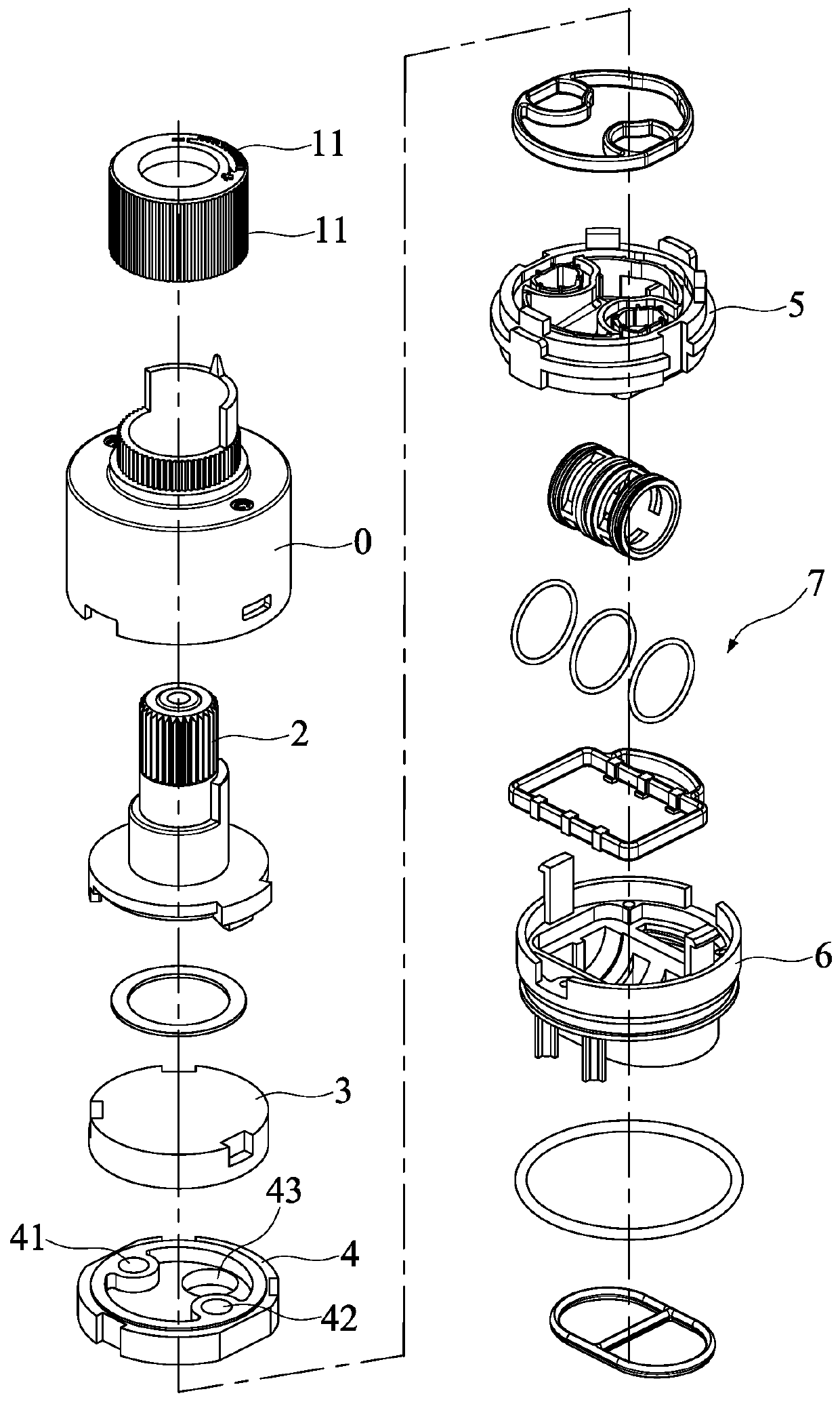 A valve core ceramic chip group structure with precise temperature adjustment