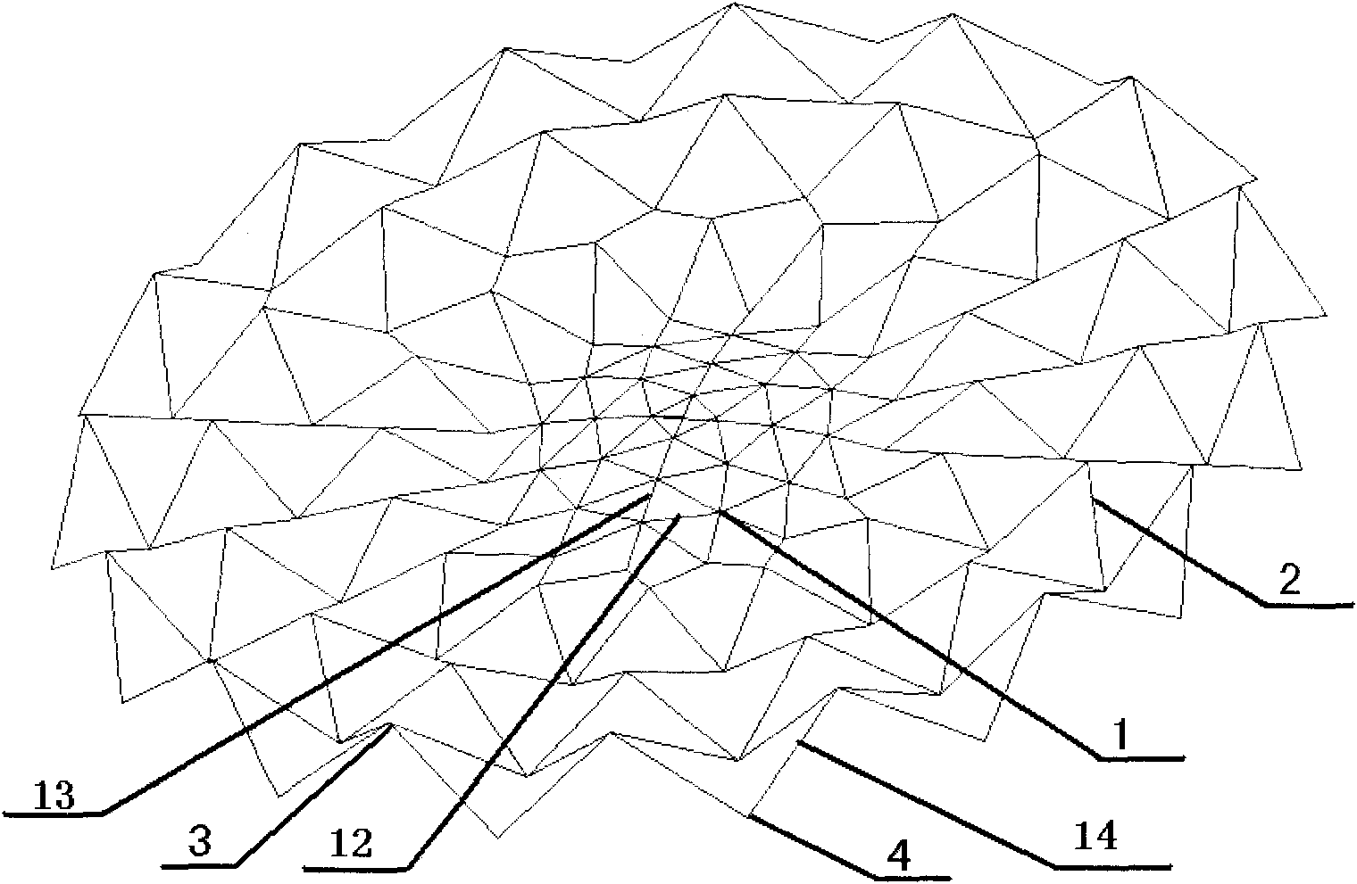 Multi-hinge-line lifting-up spherical surface reticulated shell structure and construction method thereof