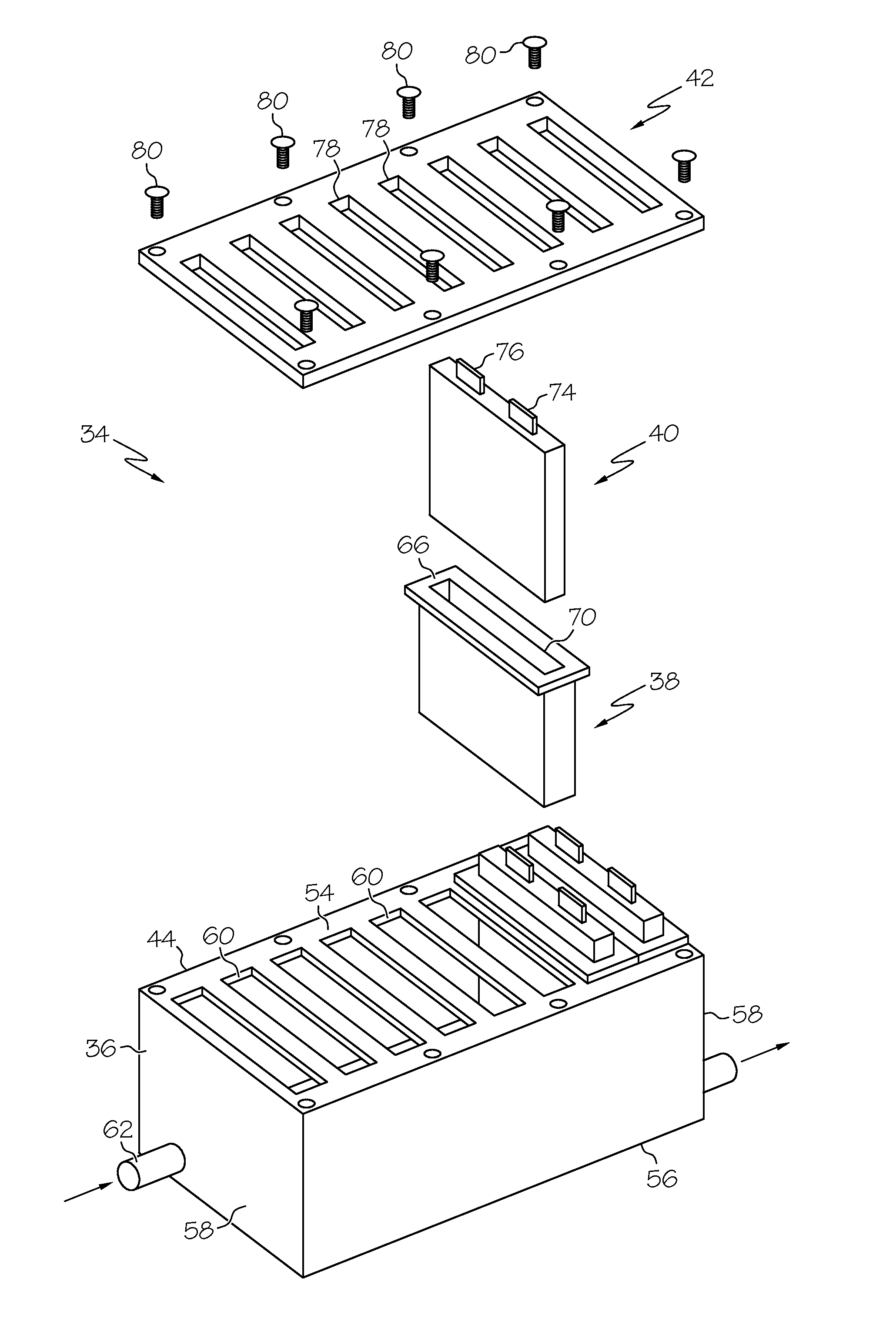 Battery assembly with immersed cell temperature regulating