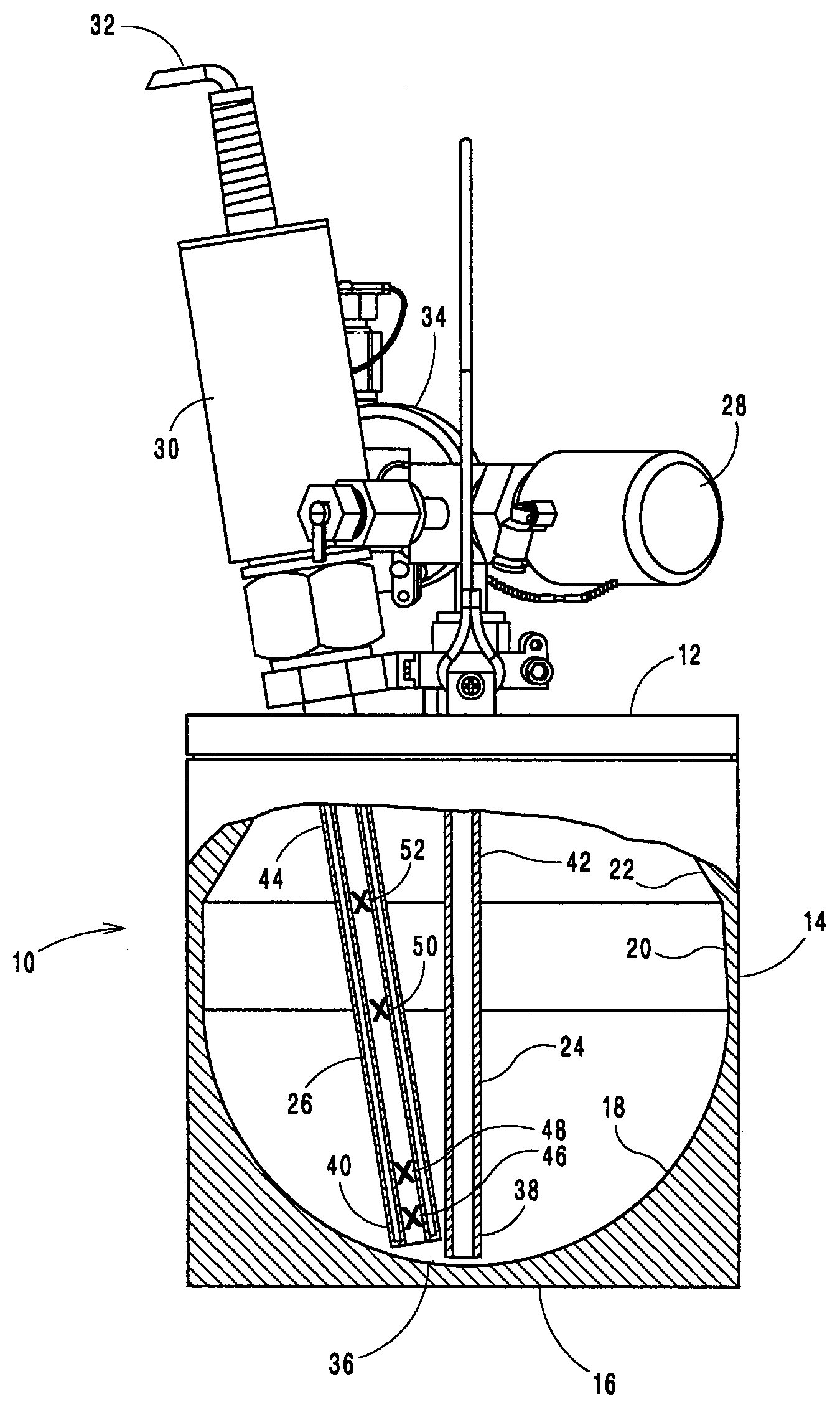 High purity chemical container with diptube and level sensor terminating in lowest most point of concave floor