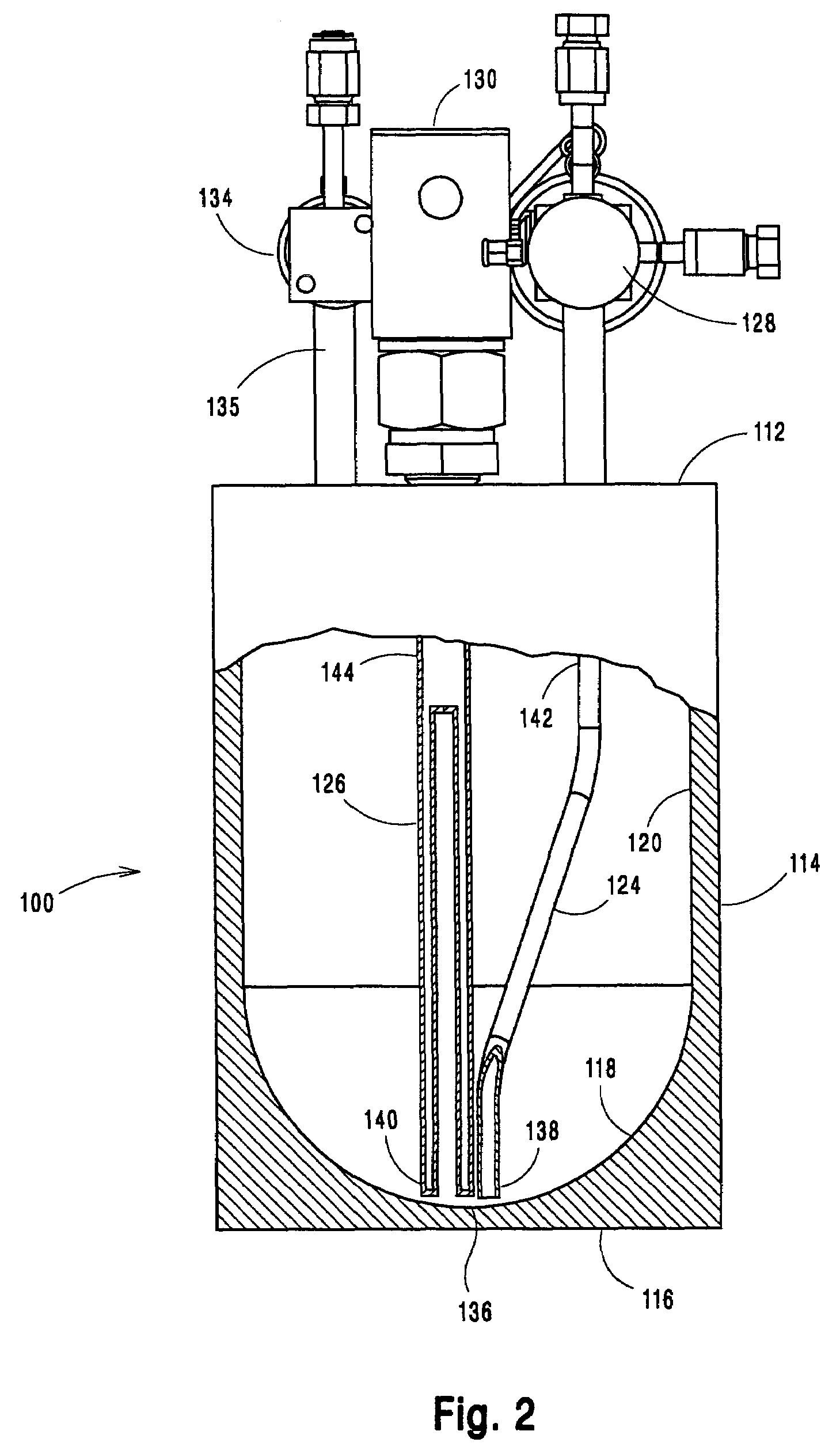 High purity chemical container with diptube and level sensor terminating in lowest most point of concave floor