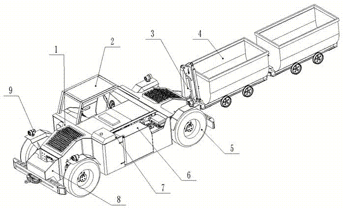 Traction rubber wheel type car of four-wheeled steering rail tramcar