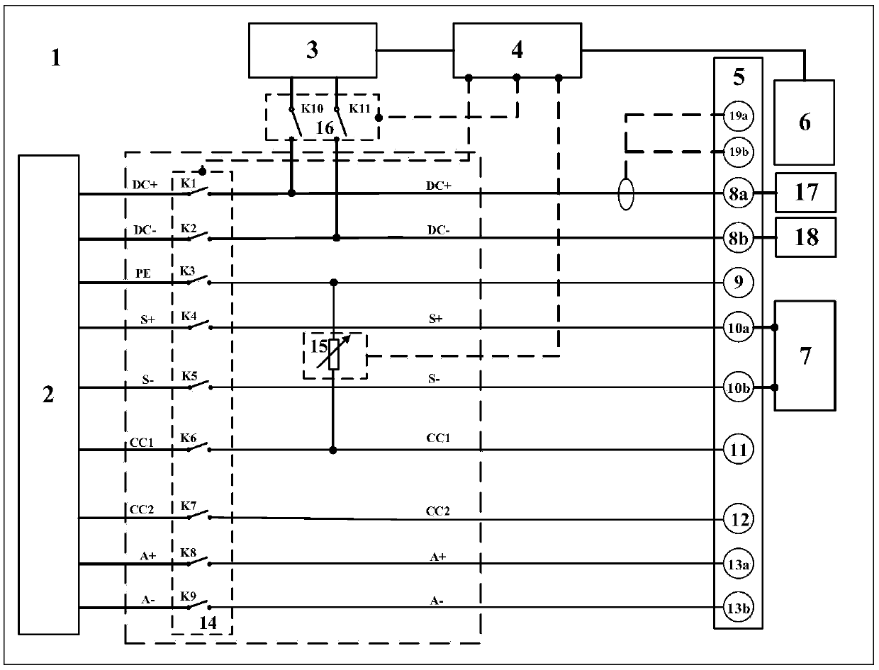 Interface device for testing electric automobile direct-current charging pile