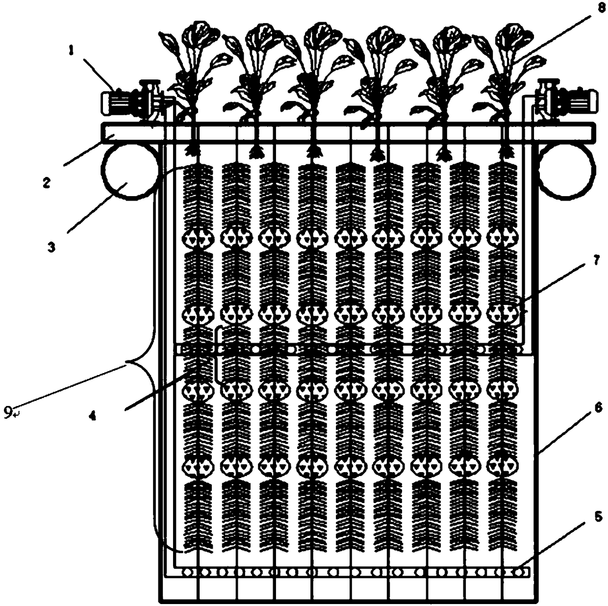 A microporous aeration-biology-ecological floating bed integrated device and method for treating black and odorous water using the device