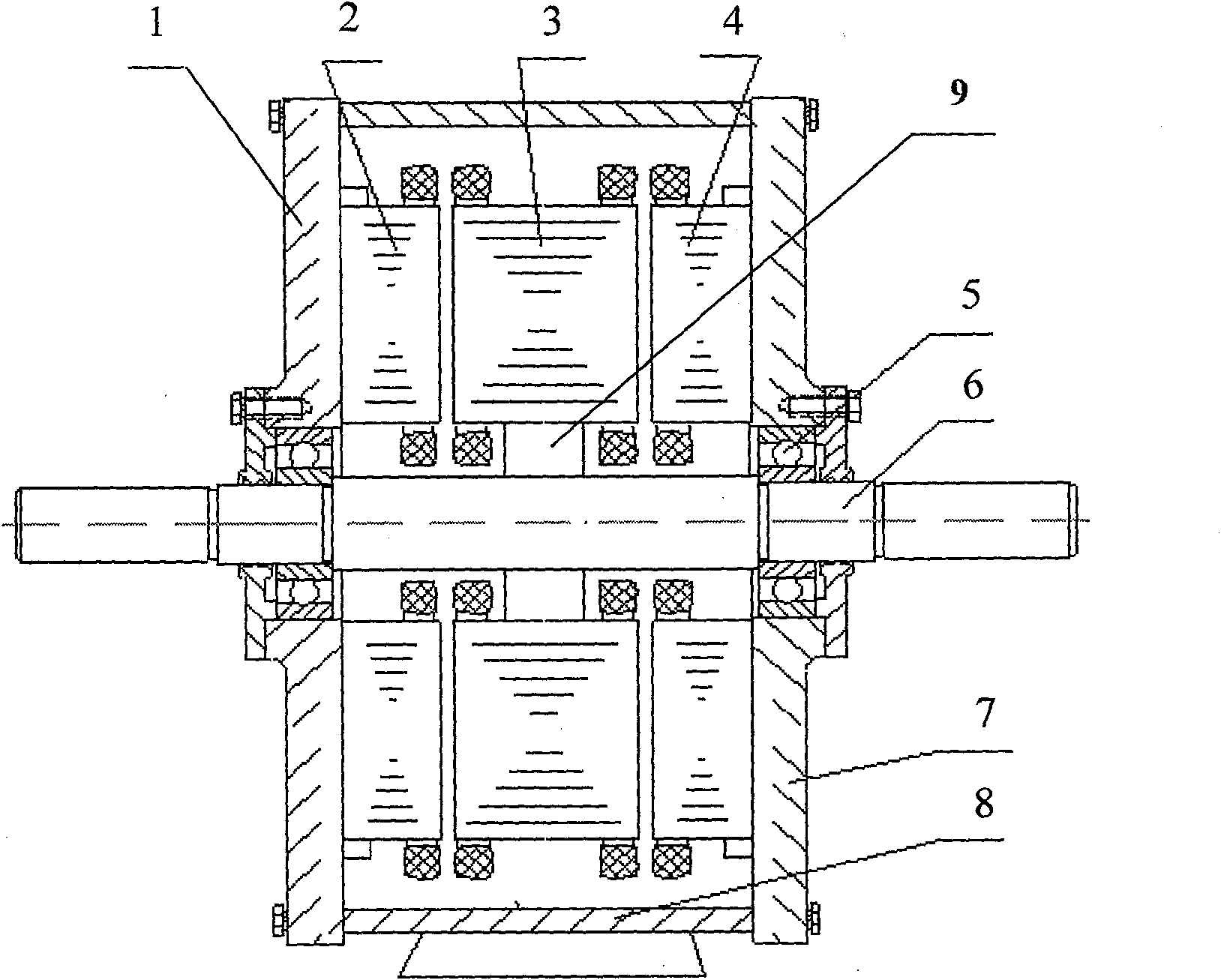 Bistator single rotor disk type brushless double feed ulternating current electric motor