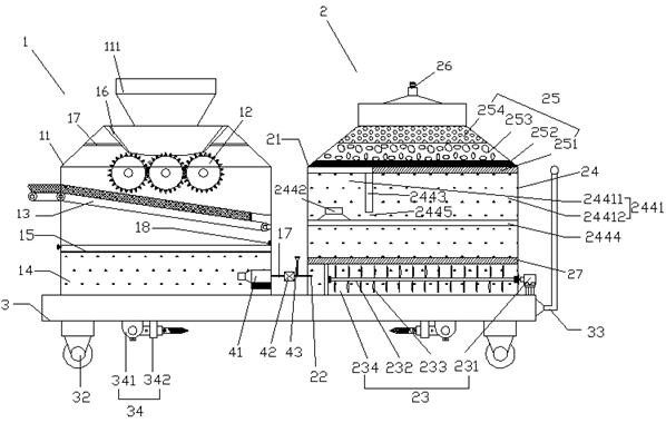 Building wastewater and waste material separation treatment device