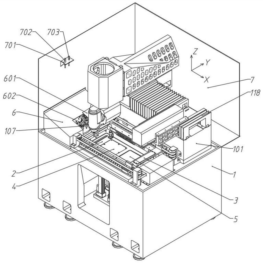 Powder bed five-axis additive and subtractive composite manufacturing device