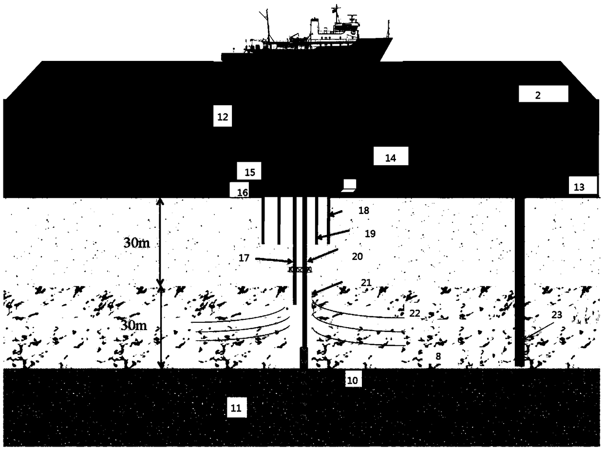 Method of exploiting shallow massive type-I hydrate system based on warm sea water/gravel huff-puff exchange