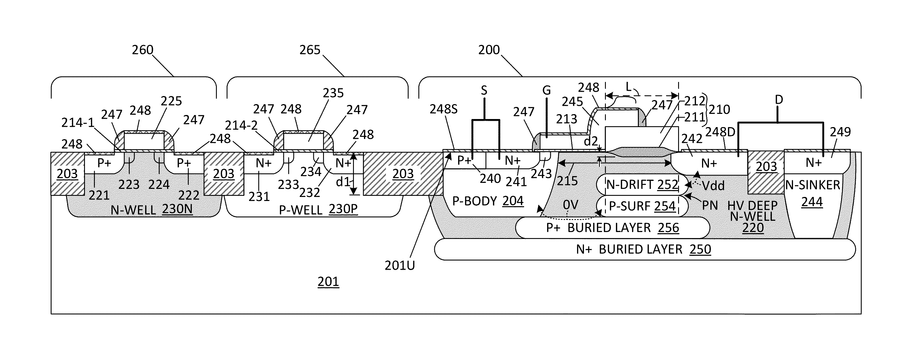 Double-Resurf LDMOS With Drift And PSURF Implants Self-Aligned To A Stacked Gate "BUMP" Structure