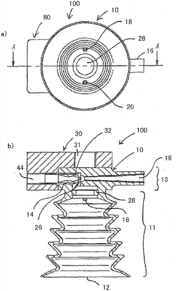 Handling device with suction cup for foodstuff