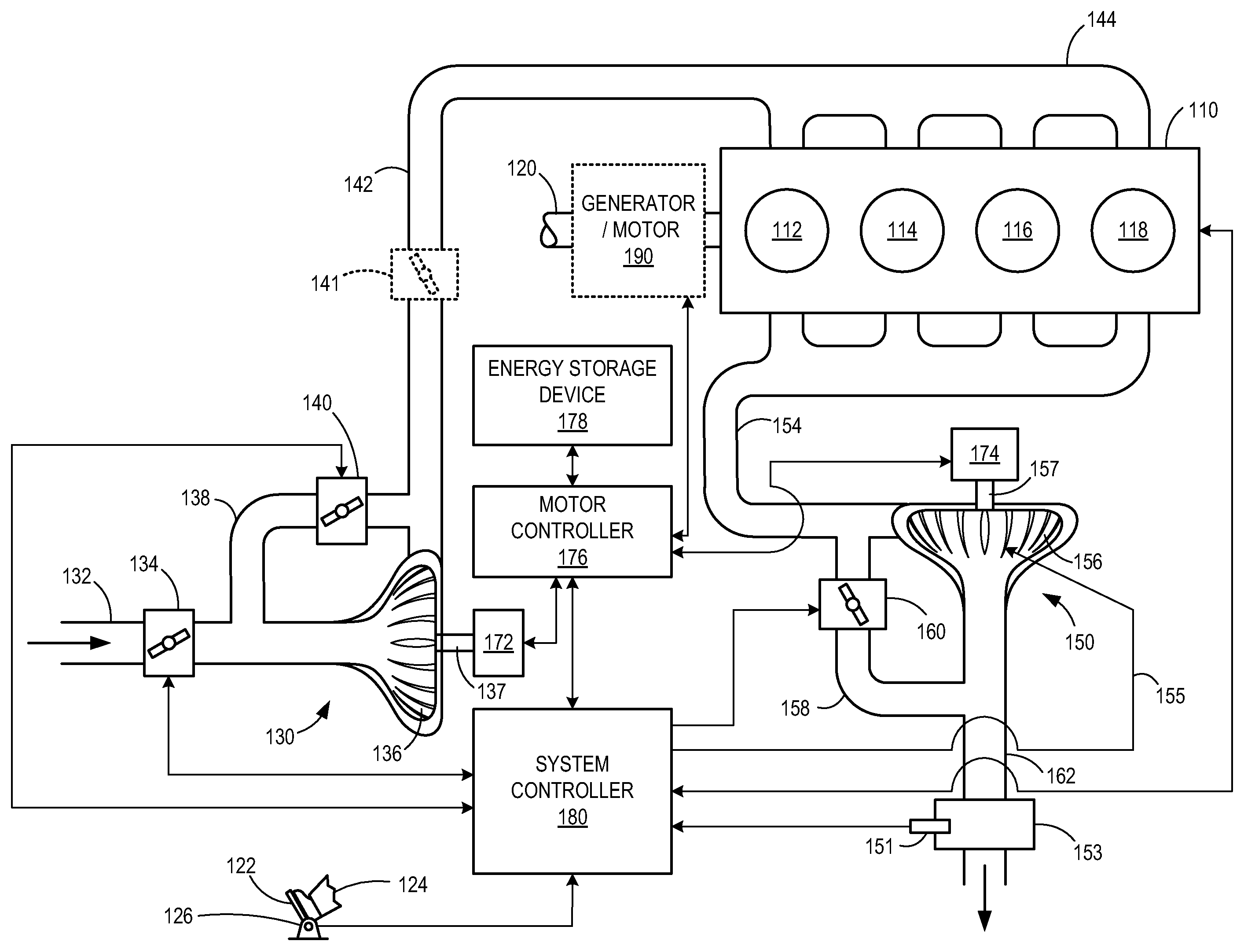 Compression System for Internal Combustion Engine Including a Rotationally Uncoupled Exhaust Gas Turbine