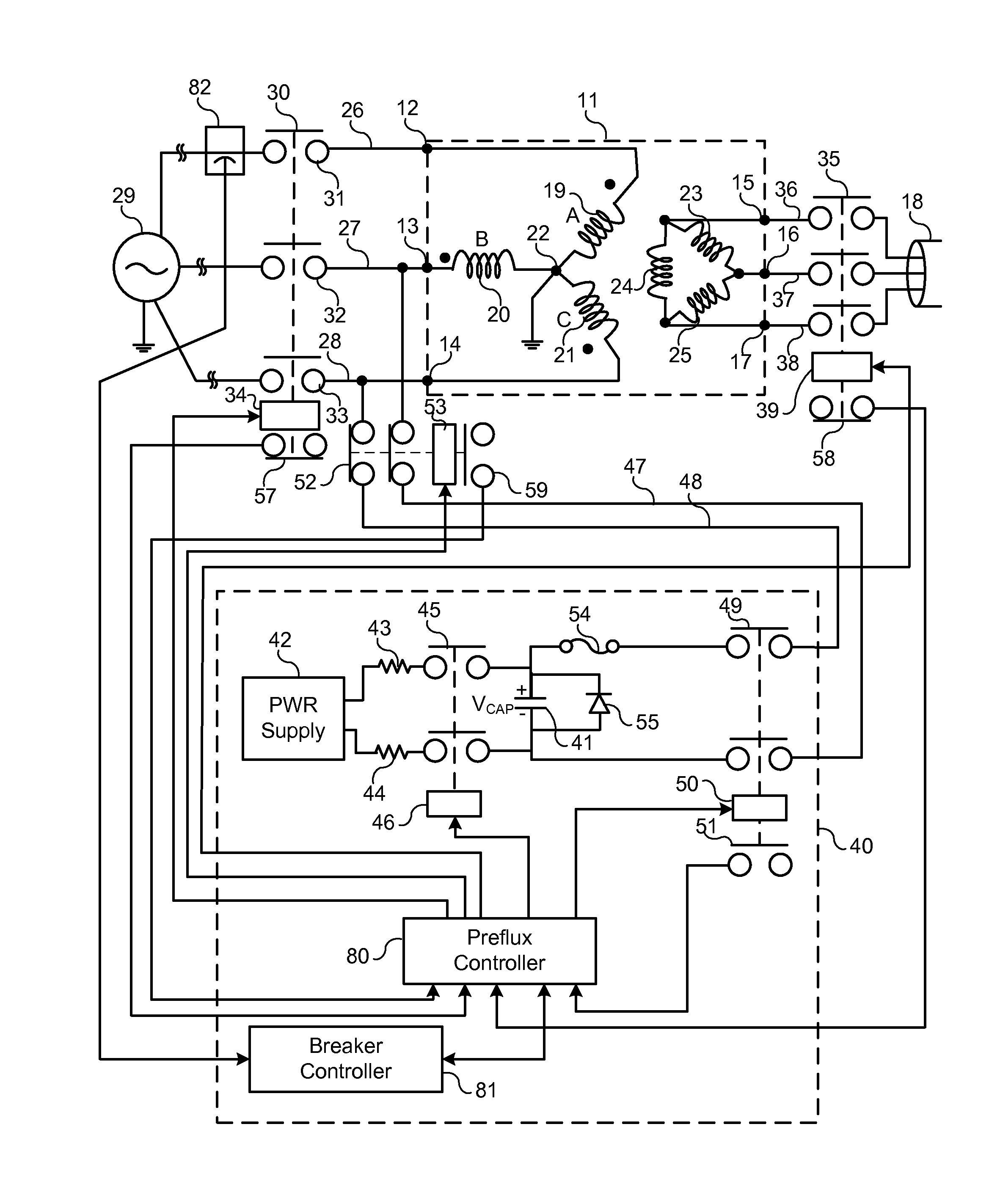 System, apparatus, and method for reducing inrush current in a three-phase transformer