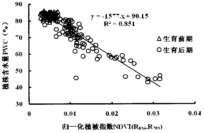 Wheat plant moisture monitoring method based on canopy high spectral index