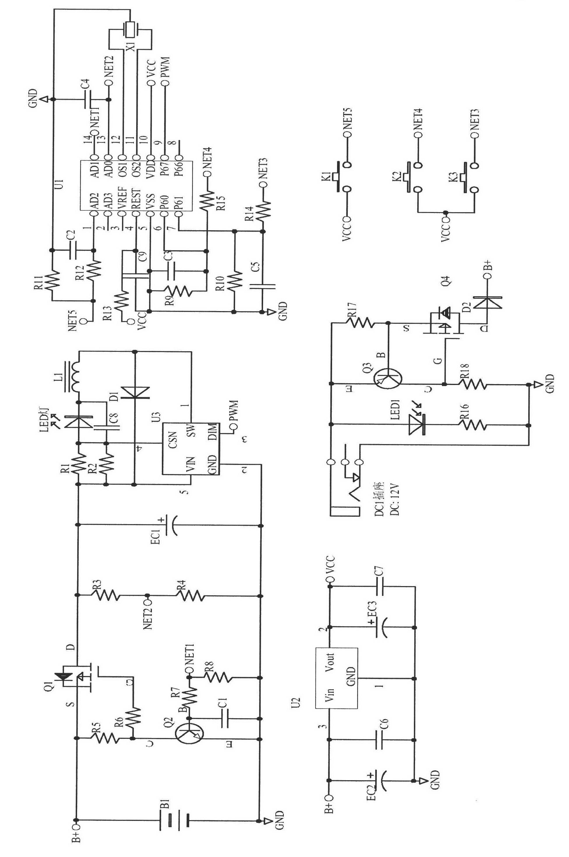 Control circuit of waterproof LED (Light Emitting Diode) flashlight