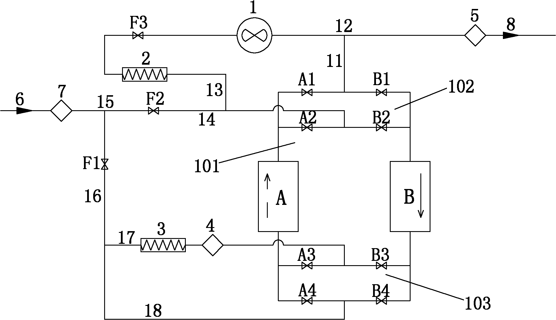 Process and device for drying adsorption type compressed gas regenerated by using compression heat