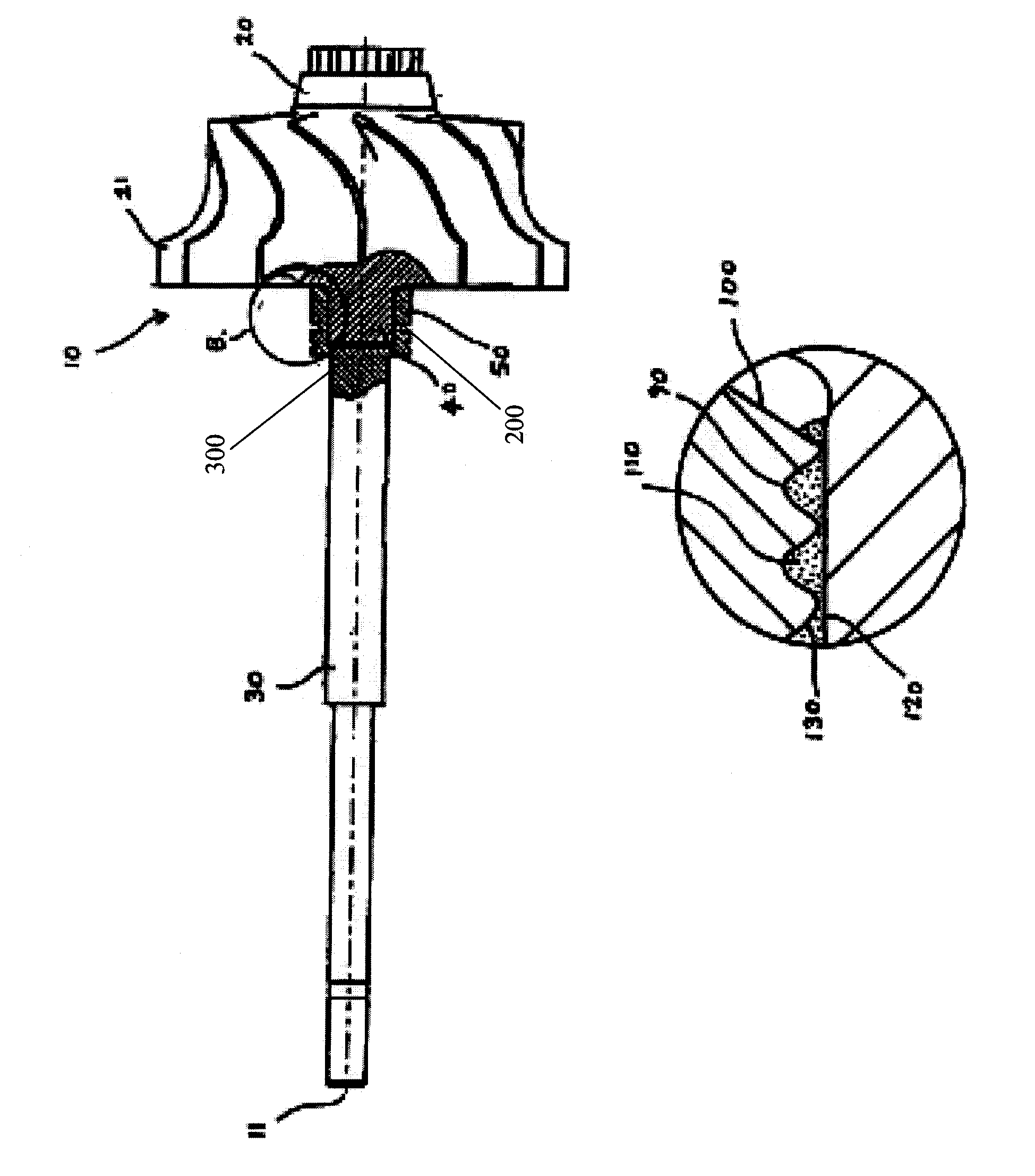 Titanium aluminide wheel and steel shaft connection thereto