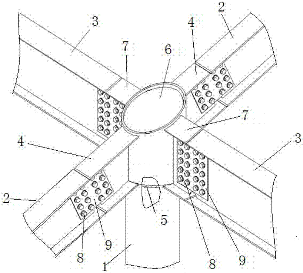 Column-beam intersection node structure of steel-structure antique-imitated gable and hip roof building roof