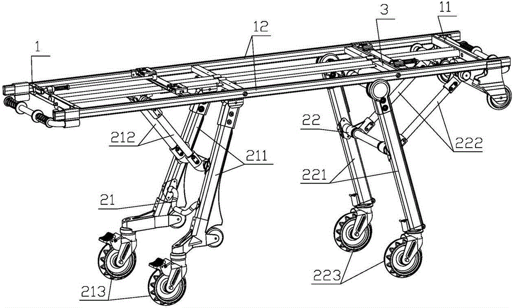 Support leg gear locking device in getting-on stretcher