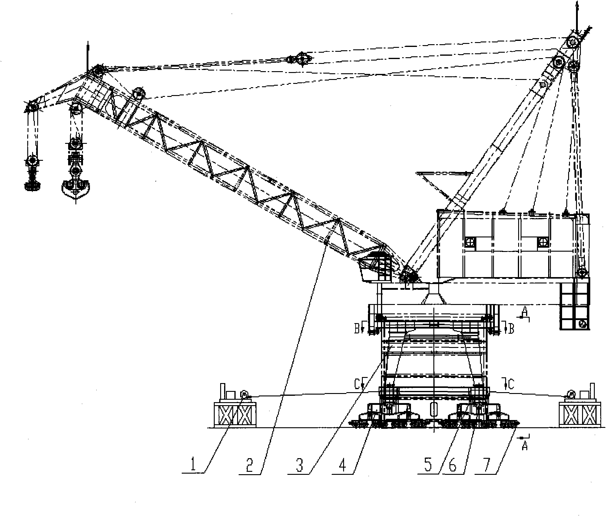 Roll-on device and method for large fixed type rotary crane